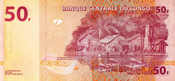 Banknote 50 frank. Üzerinde Balıkçı Köyü resmi var. Tasarım için. Afrika ve Kongo 'nun kağıt parası..