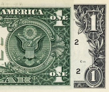 Kağıt banknotların klasik unsurları. Bonistikler. Tasarım amaçlı 1 Amerikan doları banknotunun bir parçası. Amerika Birleşik Devletleri