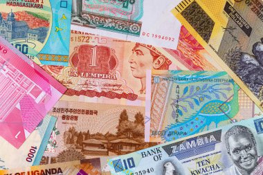 Farklı ülkelerin kağıt ve polimer parası. Para arkaplanı.