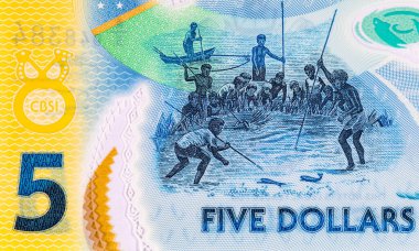 Solomon Adaları 5 Dolar. Polimer banknot, sualtında balık tutan bir adam resmi. Solomon Adalarının Parası.