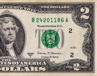 Amerika 'nın 2 dolarlık banknotu. Amerika 'nın kağıt parası. Doların bir parçası
