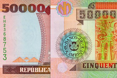 Maputo 'daki Banco de Mocambique binasının görüntüsüne sahip Mozambik 50000 Meticais 2003 banknotu. Mozambik parası