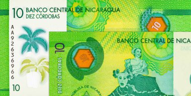 10 Cordobas Nikaragua, tasarım için bir banknotun parçası. Nikaragua 'nın polimer parası