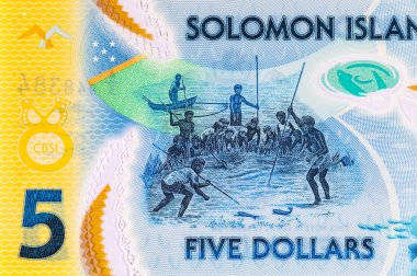 Solomon Adaları 5 Dolar. Polimer banknot, sualtında balık tutan bir adam resmi. Solomon Adalarının Parası.