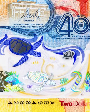 Doğu Karayipler 'e 2 dolar, adaların ve sualtı dünyasının görüntüsüne sahip polimer banknot. Doğu Karayip parası