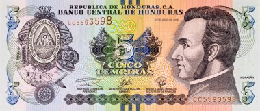 Honduras 'lı Banknote 5 Lempiras. Tasarımcılar için parça. Honduras 'ın kağıt parası..
