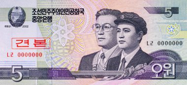 5 Won Kuzey Kore Banknotları 2002 atom sembolü ve parti üyeleriyle. Kuzey Kore 'nin kağıt parası..