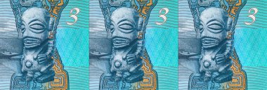 Cook Adaları 'ndan Tangaroa (denizin tanrısı) ve bir adam ve kanosunun resmiyle 3 dolarlık banknot. Cook Adalarının Polimer parası