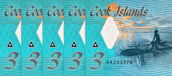 Cook Adaları 'ndan Tangaroa (denizin tanrısı) ve bir adam ve kanosunun resmiyle 3 dolarlık banknot. Cook Adalarının Polimer parası