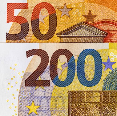 Banknota 50 avro ve 200 avro, tasarım faturasının bir parçası. Avrupa Birliği ve Avrupa 'nın kağıt parası