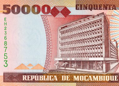 Maputo 'daki Banco de Mocambique binasının görüntüsüne sahip Mozambik 50000 Meticais 2003 banknotu. Mozambik parası