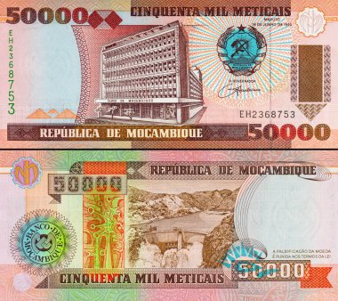Maputo 'daki Banco de Mocambique binasının görüntüsüne sahip Mozambik 50000 Meticais 2003 banknotu. Mozambik parası