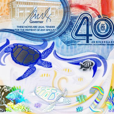 Doğu Karayipler 'e 2 dolar, adaların ve sualtı dünyasının görüntüsüne sahip polimer banknot. Doğu Karayip parası