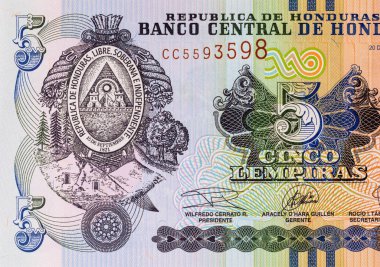 Honduras 'lı Banknote 5 Lempiras. Tasarımcılar için parça. Honduras 'ın kağıt parası..