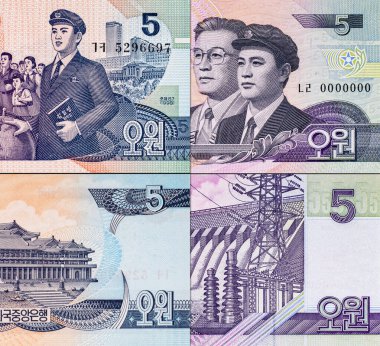 5 Won Kuzey Kore Banknotları 2002 atom sembolü ve parti üyeleriyle. Kuzey Kore 'nin kağıt parası..