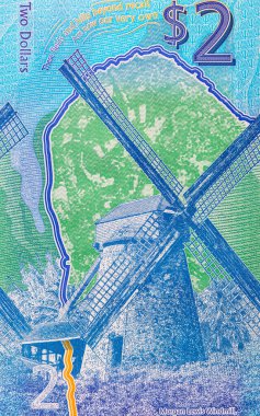 2 Dolar Barbados 2022, Morgan Lewis Windmill 'in görüntüsüyle. Polimer parası Barbados.