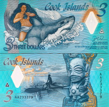 Cook Adaları 'nın 3 dolarlık banknotunda Figurine, Ina ve Shark resmi var. Cook Adalarının Polimer parası