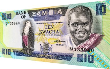 Banknote 10 kwacha Zambia ve Başkan Kenneth Kaunda 'nın portresi tasarım için. Zambiya ve Afrika 'nın parası