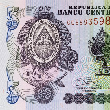 Honduras 'lı Banknote 5 Lempiras. Tasarımcılar için parça. Honduras 'ın kağıt parası..