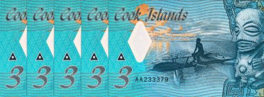 Cook Adaları 'ndan Tangaroa (denizin tanrısı) ve bir adam ve kanosunun resmiyle 3 dolarlık banknot. Cook Adalarının Polimer parası