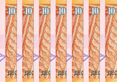 Banknote 'un bir parçası, tavus kuşunun mozaik görüntüsüne sahip Makedonya' yı 10 dinar olarak gösteriyor. Polimer parası. Makedonya 'nın Para Birimi