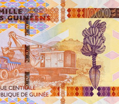 Açık çukur yöntemiyle Bauxite madenciliği imajı verilmiş 1000 gine frangı. Afrika Gine parası. Yakın plan..