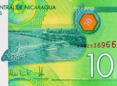 10 Cordobas Nikaragua, tasarım için bir banknotun parçası. Nikaragua 'nın polimer parası