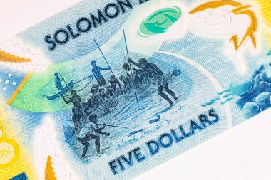 Solomon Adaları 5 Dolar. Polimer banknot, sualtında balık tutan bir adam resmi. Solomon Adalarının Parası.