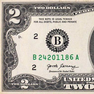 Amerika 'nın 2 dolarlık banknotu. Amerika 'nın kağıt parası. Doların bir parçası