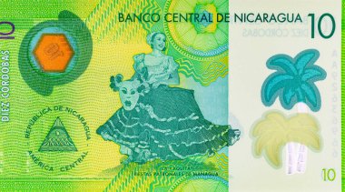 10 Cordobas Nikaragua, tasarım için bir banknotun parçası. Nikaragua 'nın polimer parası