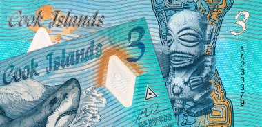 Cook Adaları 'ndan Tangaroa (denizin tanrısı) ve bir adam ve kanosunun resmiyle 3 dolarlık banknot. Cook Adalarının Polimer parası
