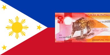 50 Piso Filipinler, Yeni Polymer Note 2025 Visayan Leoparı ile. Filipin parası. Filipinler Ulusal Bayrağı.