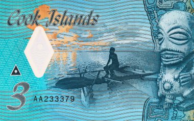 Cook Adaları 'ndan Tangaroa (denizin tanrısı) ve bir adam ve kanosunun resmiyle 3 dolarlık banknot. Cook Adalarının Polimer parası