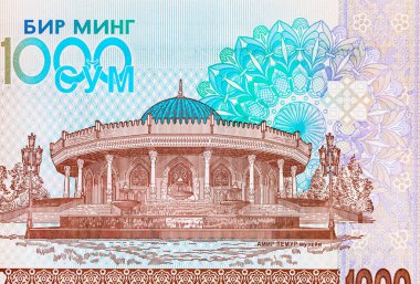 Taşkent 'teki Amir Timur Müzesi' nin resmiyle 1000 Som Özbekistan. Özbekistan 'ın Parası.