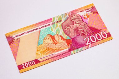 2000 Som, Özbekistan, antik karavan rotası Poykend 'in Varahsha kalıntıları; kil çömlek ve kadın heykeli. Özbekistan 'ın Parası.