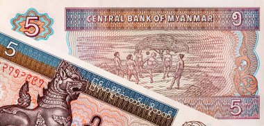 Myanmar 5 kyat banknot, tasarımcılar için parça. Myanmar kağıt para.