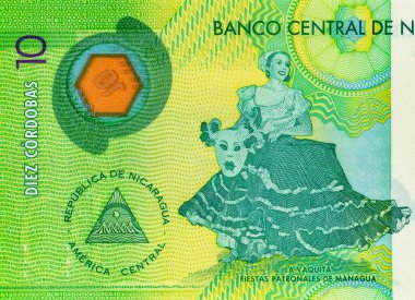 10 Cordobas Nikaragua, tasarım için bir banknotun parçası. Nikaragua 'nın polimer parası