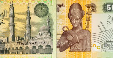 Mısır 'ın 50 Piastres' ı ve Firavun 2. Ramses 'in resmi. Tasarımcılar için parça. Mısır 'ın kağıt parası.