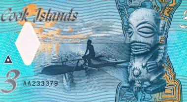 Cook Adaları 'ndan Tangaroa (denizin tanrısı) ve bir adam ve kanosunun resmiyle 3 dolarlık banknot. Cook Adalarının Polimer parası