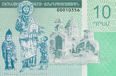 Gandzasar manastırı ve İsa 'nın resimli 10 Dram Dağlık Karabağ Banknotu. Nagorno Karabakh 'ın parası. Tanınmayan Cumhuriyet.