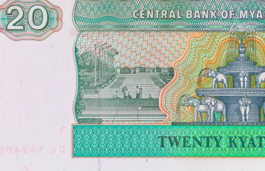 1994 'te Myanmar' da 20 Kyats banknotunun bir parçası. Asya ve Myanmar 'ın kağıt parası.