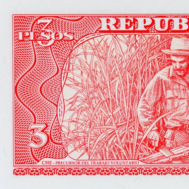 Kübalı 3 peso ve şeker kamışı kesen bir çiftçinin portresi. Antika Küba parası.