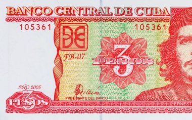 Ernesto Che Guevara 'nın portresiyle Küba' dan 3 peso. Küba 'nın antika parası