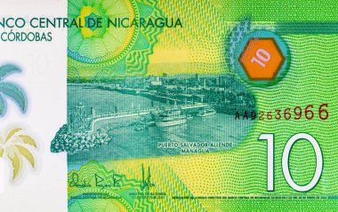 10 Cordobas Nikaragua, tasarım için bir banknotun parçası. Nikaragua 'nın polimer parası