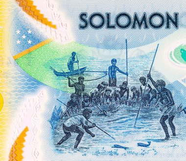 Solomon Adaları 5 Dolar. Polimer banknot, sualtında balık tutan bir adam resmi. Solomon Adalarının Parası.