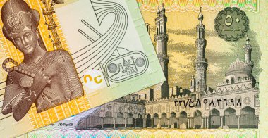 Mısır 'ın 50 Piastres' i ve El-Azhar Camii resmi. Tasarımcılar için parça. Mısır 'ın kağıt parası.