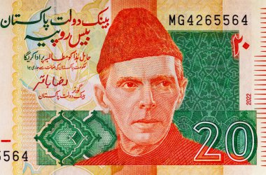 Muhammed Ali Cinnah 'ın portresiyle 20 rupi Pakistan banknotu. Pakistan 'ın kağıt parası..