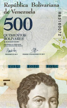 Üzerinde Francisco de Miranda resmi olan Venezuela 500 Bolivar banknotu. Venezuela parası.
