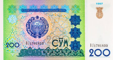 200 Som Özbekistan, Özbekistan arması, ulusal süsler ve sekizgen yıldızlar. Özbekistan 'ın Parası.