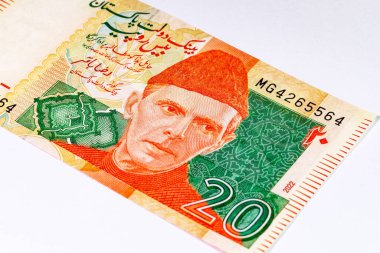 Muhammed Ali Cinnah 'ın portresiyle 20 rupi Pakistan banknotu. Pakistan 'ın kağıt parası..